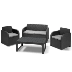 Keter Set 2 Poltrone + Divano + Tavolino Rialzabile aperto CAROLINA LOUNGE Grafite