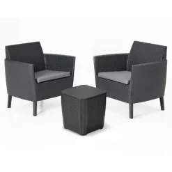 Keter Set 2 Poltrone + Tavolino contenitore con Cuscini SALEMO BALCONY Grafite