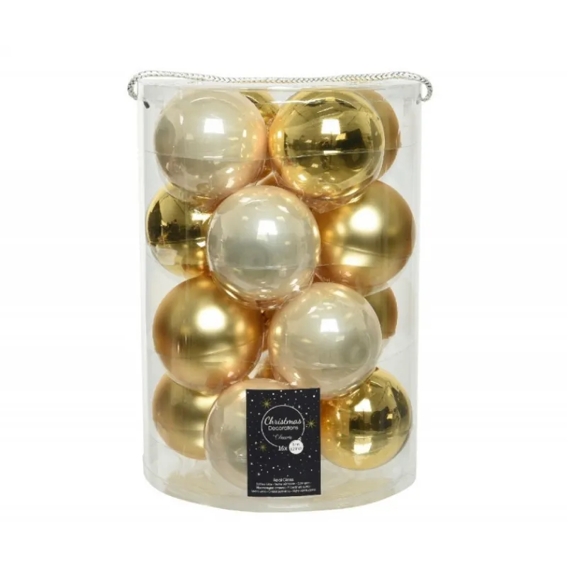 Kaemingk Palline di Natale in vetro da appendere 8 cm Oro e Perla. Set 16